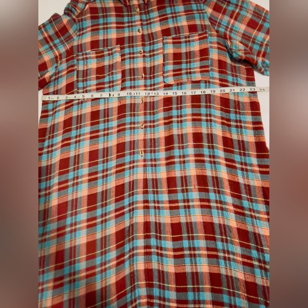 Pilcro Long Plaid Button-Up Shirt Dress in Teal and Burgundy - Picture 5 of 11